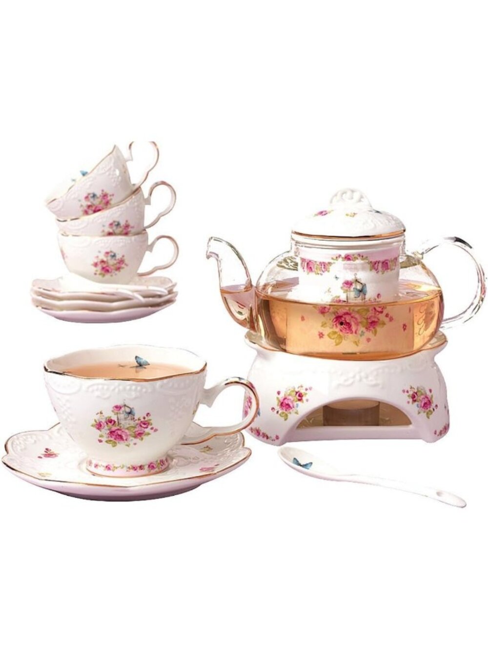 Vintage Floral Porcelain Tea Set - 16pcs with Teapot Warmer, Elegant Dining